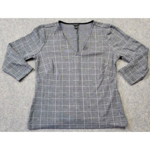 Ann Taylor Shirt Womens Small Petite Gray Plaid Jacquard 3/4 Sleeve V Neck